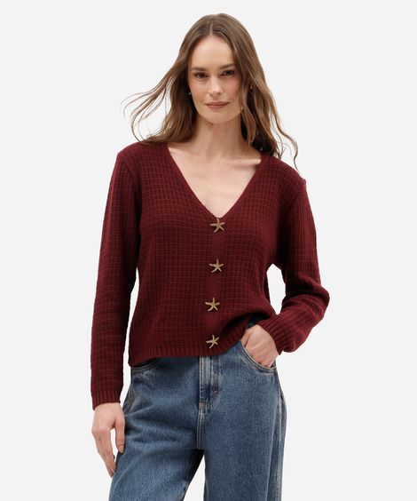 suéter feminino de tricot decote v com botões texturizado vinho