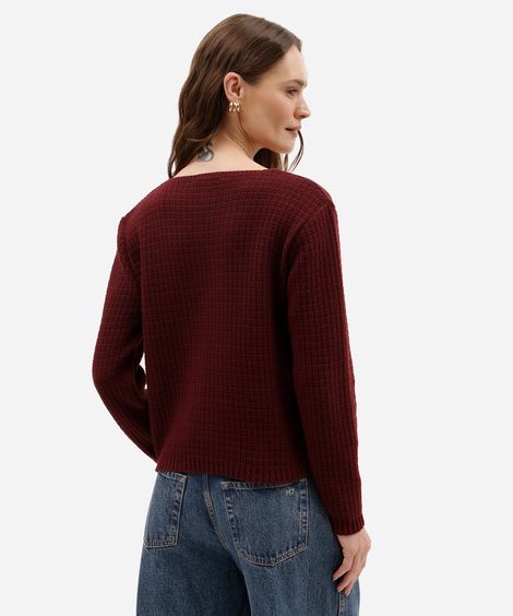 suéter feminino de tricot decote v com botões texturizado vinho