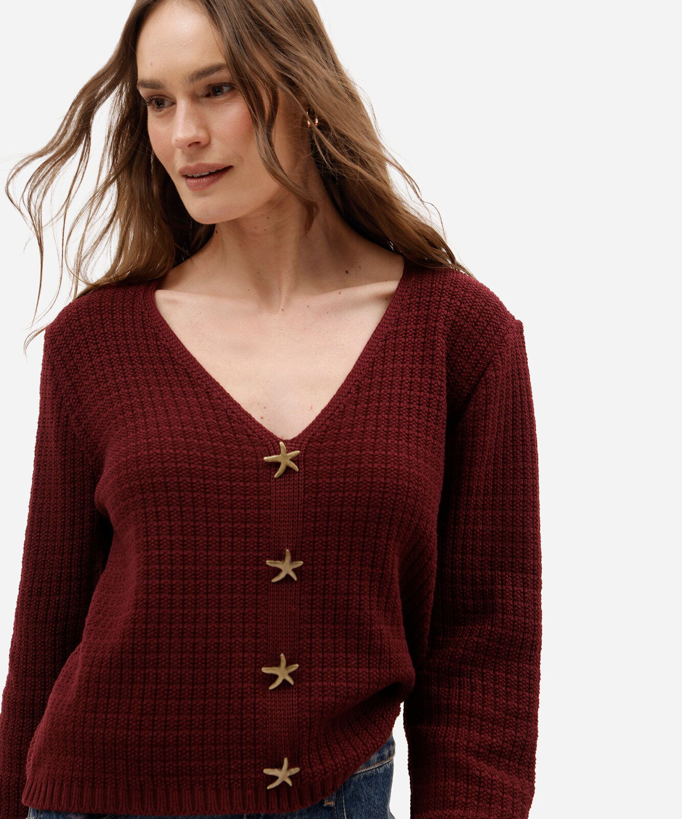 suéter feminino de tricot decote v com botões texturizado vinho