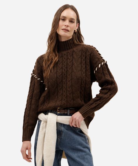suéter feminino de tricot gola alta com bordado texturizado marrom