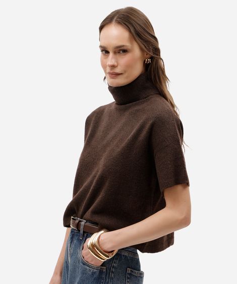blusa feminina de tricot gola alta manga curta marrom