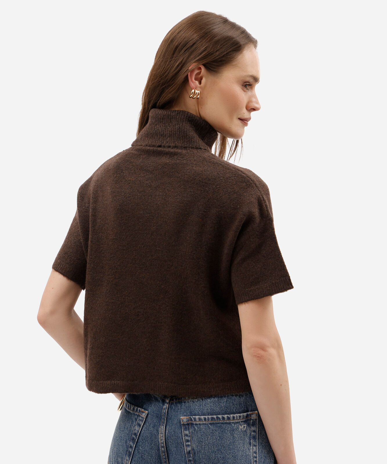 blusa feminina de tricot gola alta manga curta marrom