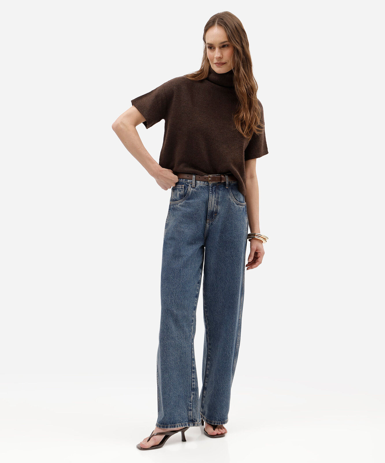 blusa feminina de tricot gola alta manga curta marrom