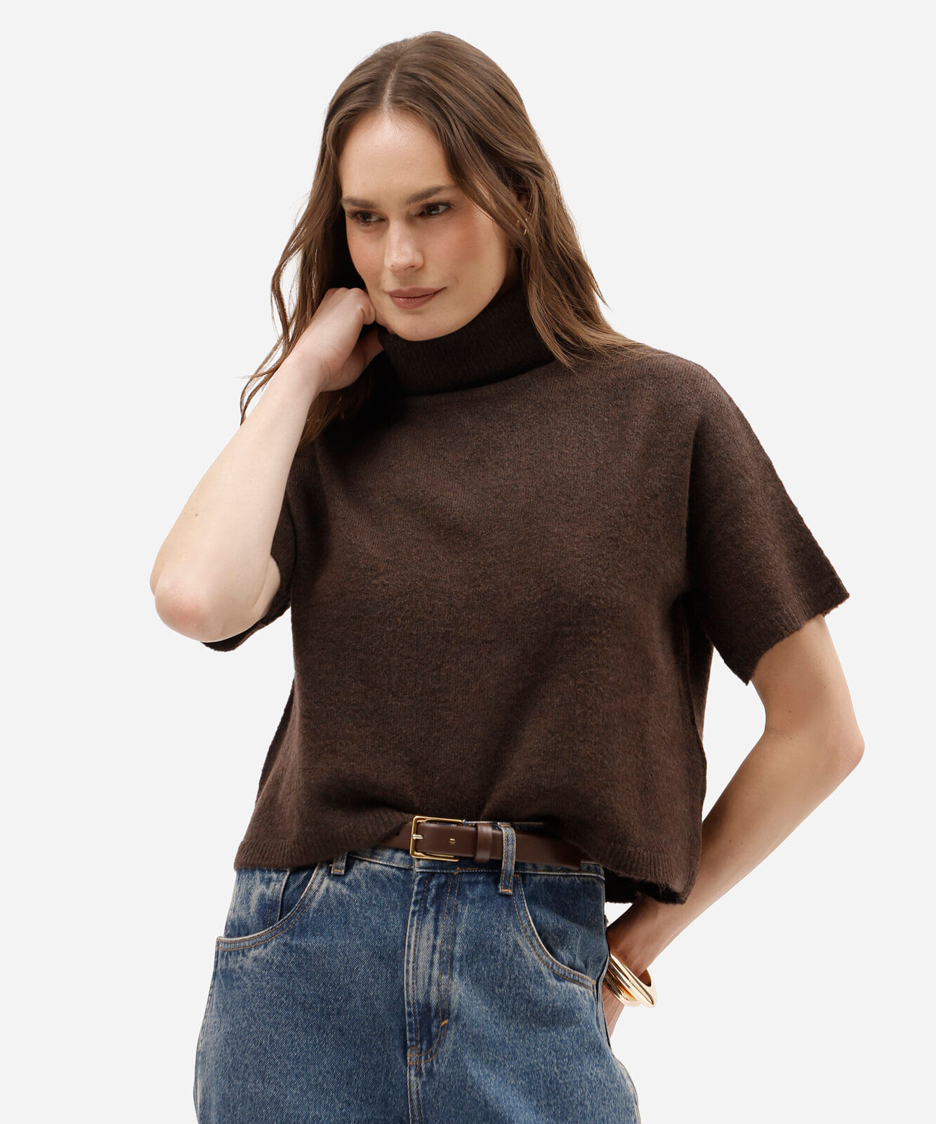 blusa feminina de tricot gola alta manga curta marrom