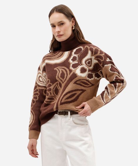 suéter feminino de tricot gola alta floral marrom