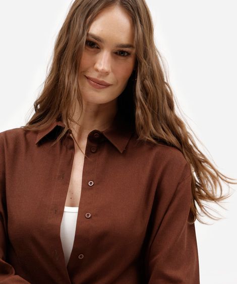 camisa oversized feminina com linho manga longa marrom