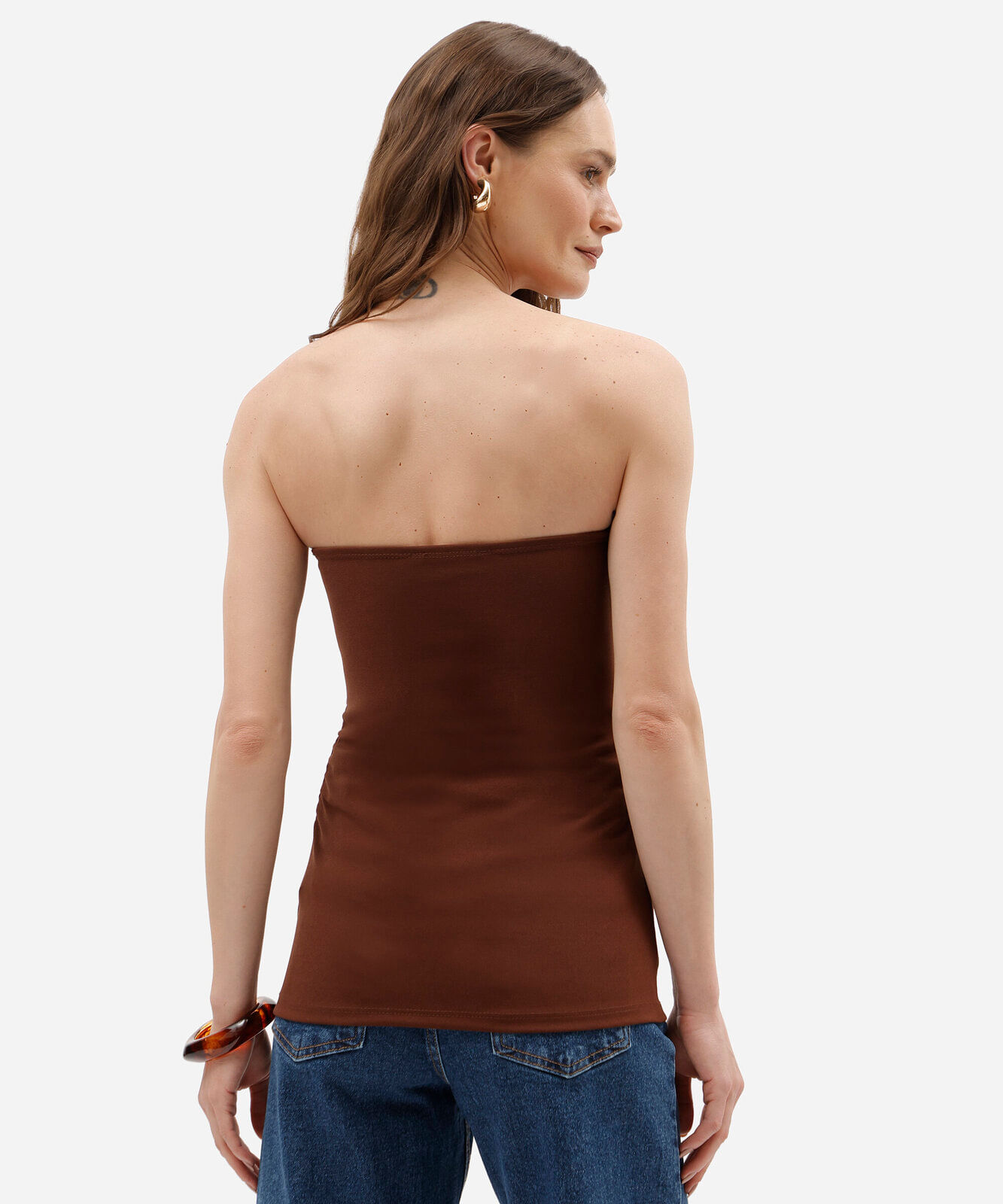 blusa sem alça feminina franzida marrom