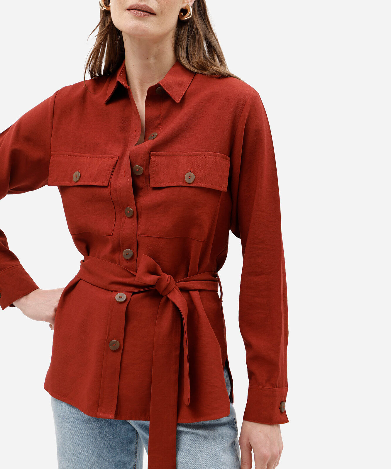 camisa feminina com viscose manga longa e amarração vinho