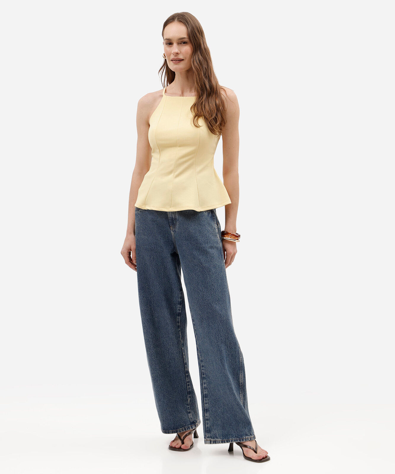 regata peplum feminina alça fina com recortes amarela