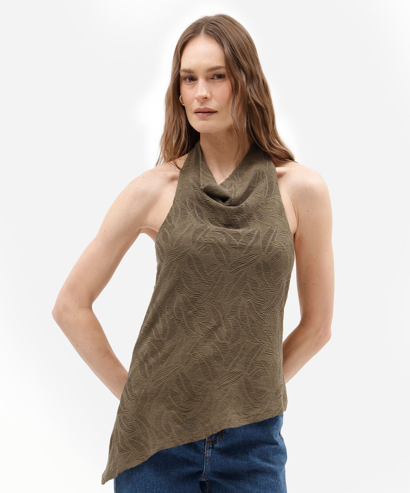 blusa frente única feminina assimétrica texturizada verde