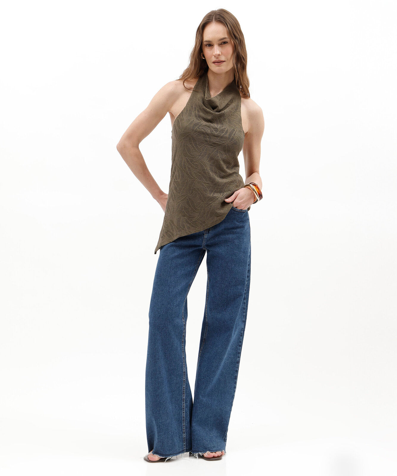blusa frente única feminina assimétrica texturizada verde
