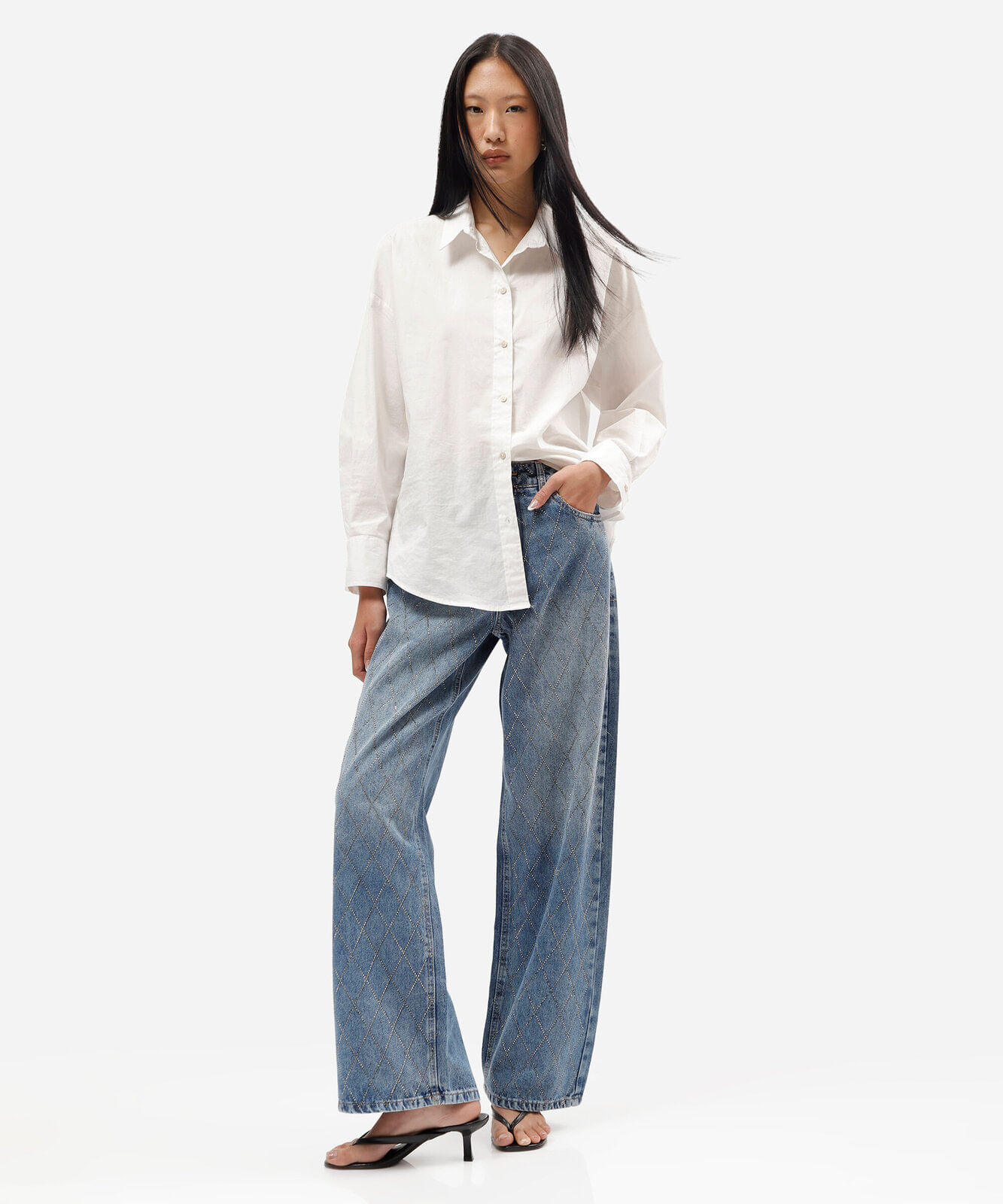 calça wide leg slim feminina jeans com brilhos cintura média azul
