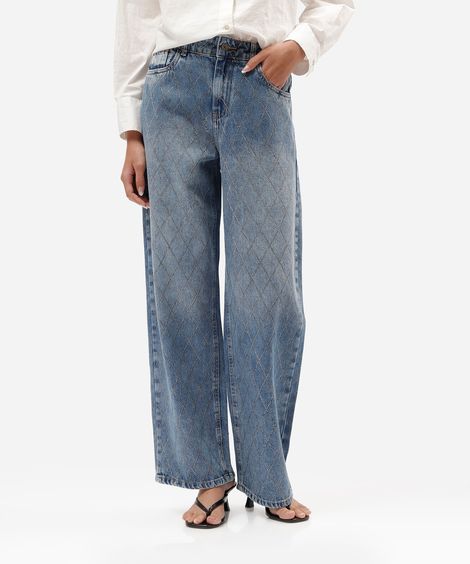 calça wide leg slim feminina jeans com brilhos cintura média azul