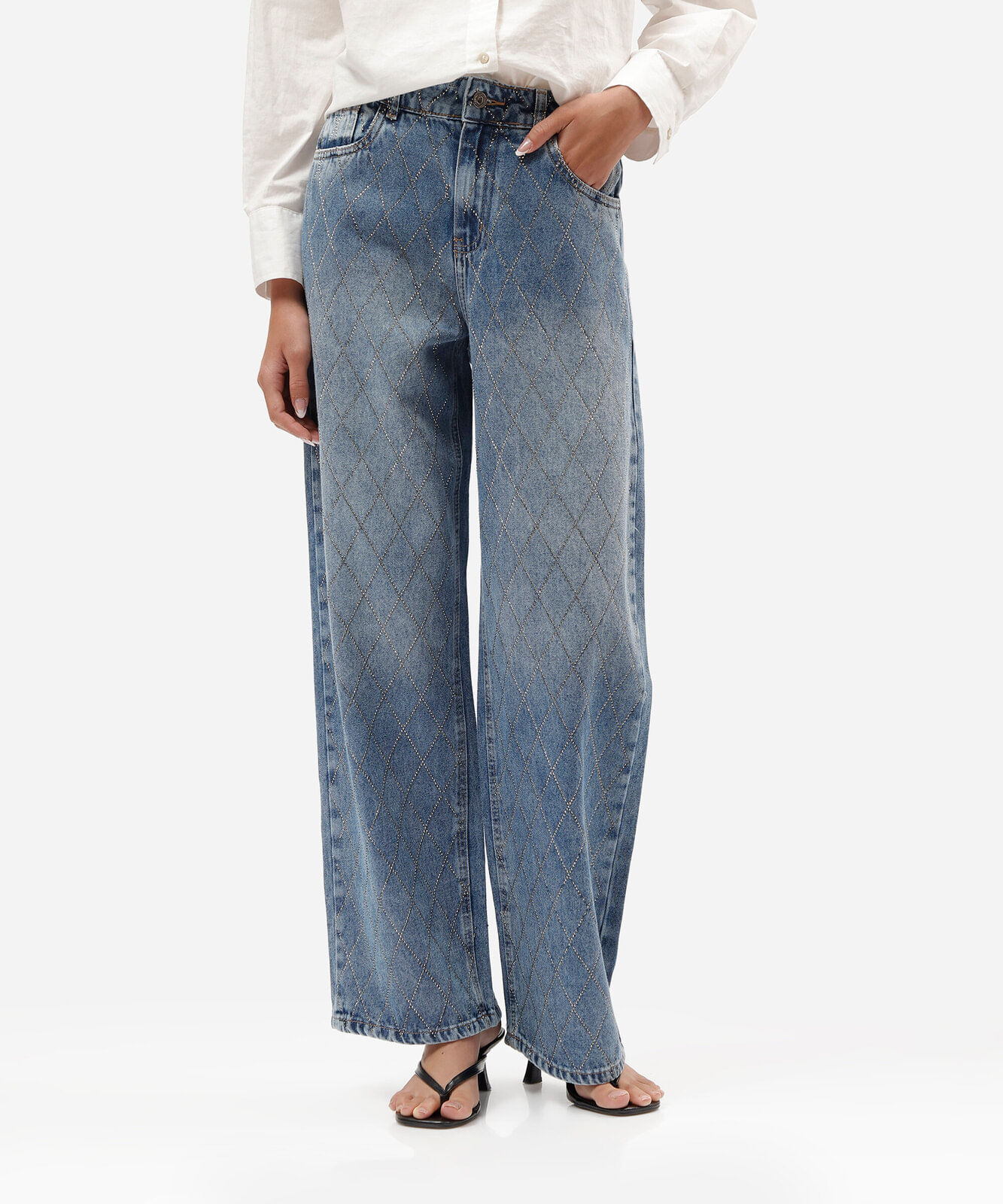 calça wide leg slim feminina jeans com brilhos cintura média azul