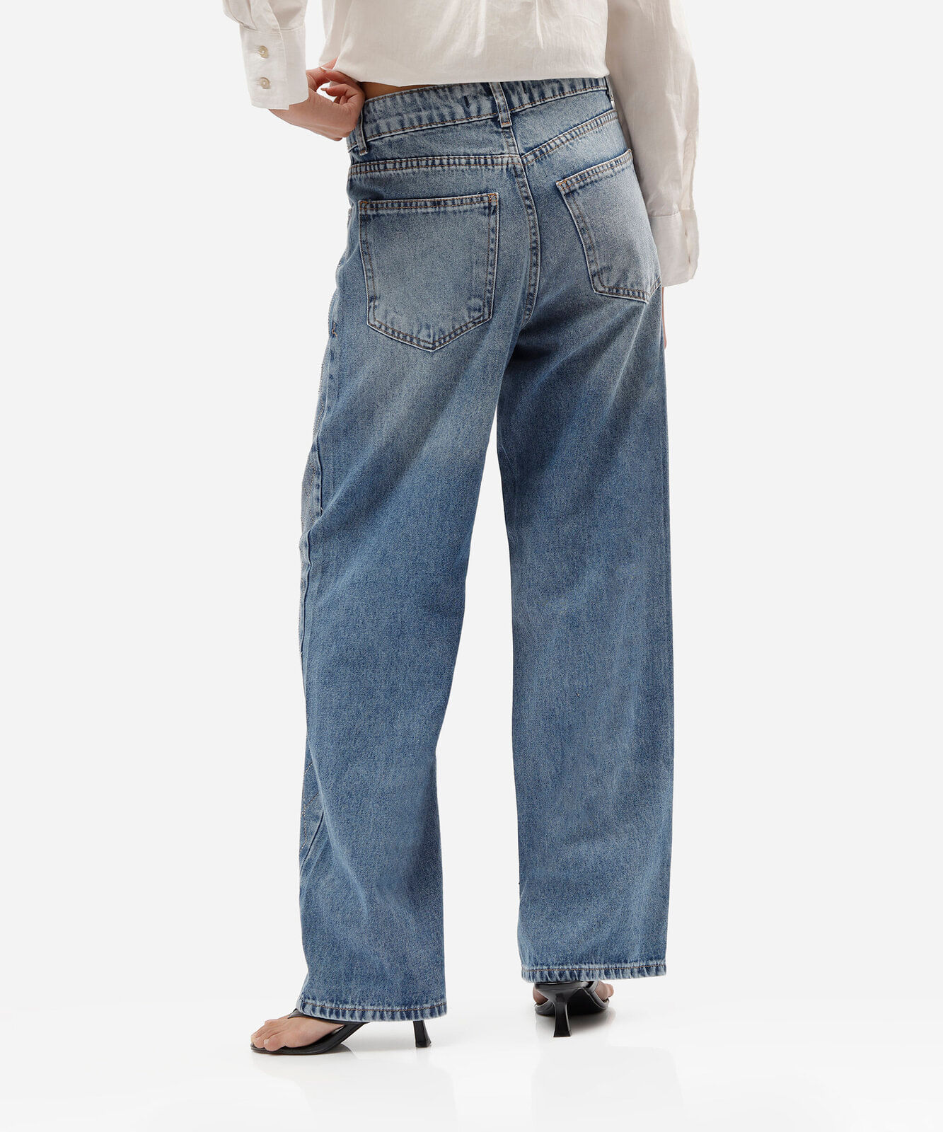 calça wide leg slim feminina jeans com brilhos cintura média azul