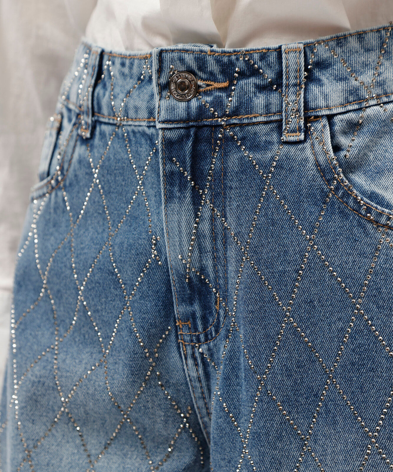 calça wide leg slim feminina jeans com brilhos cintura média azul