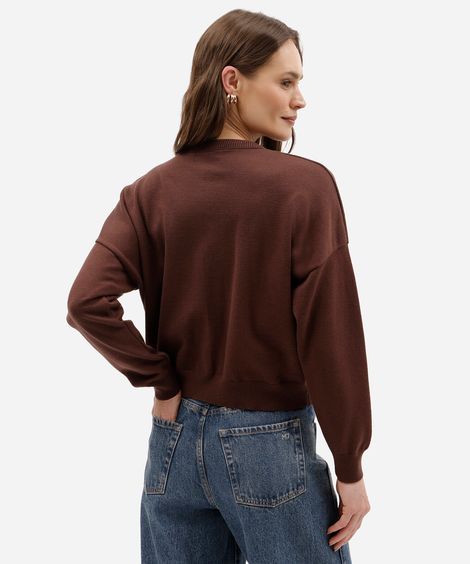 cardigan feminino de tricô com gola redonda e botões marrom