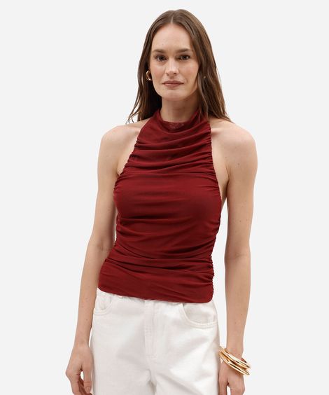 blusa frente única feminina de tule franzida vinho