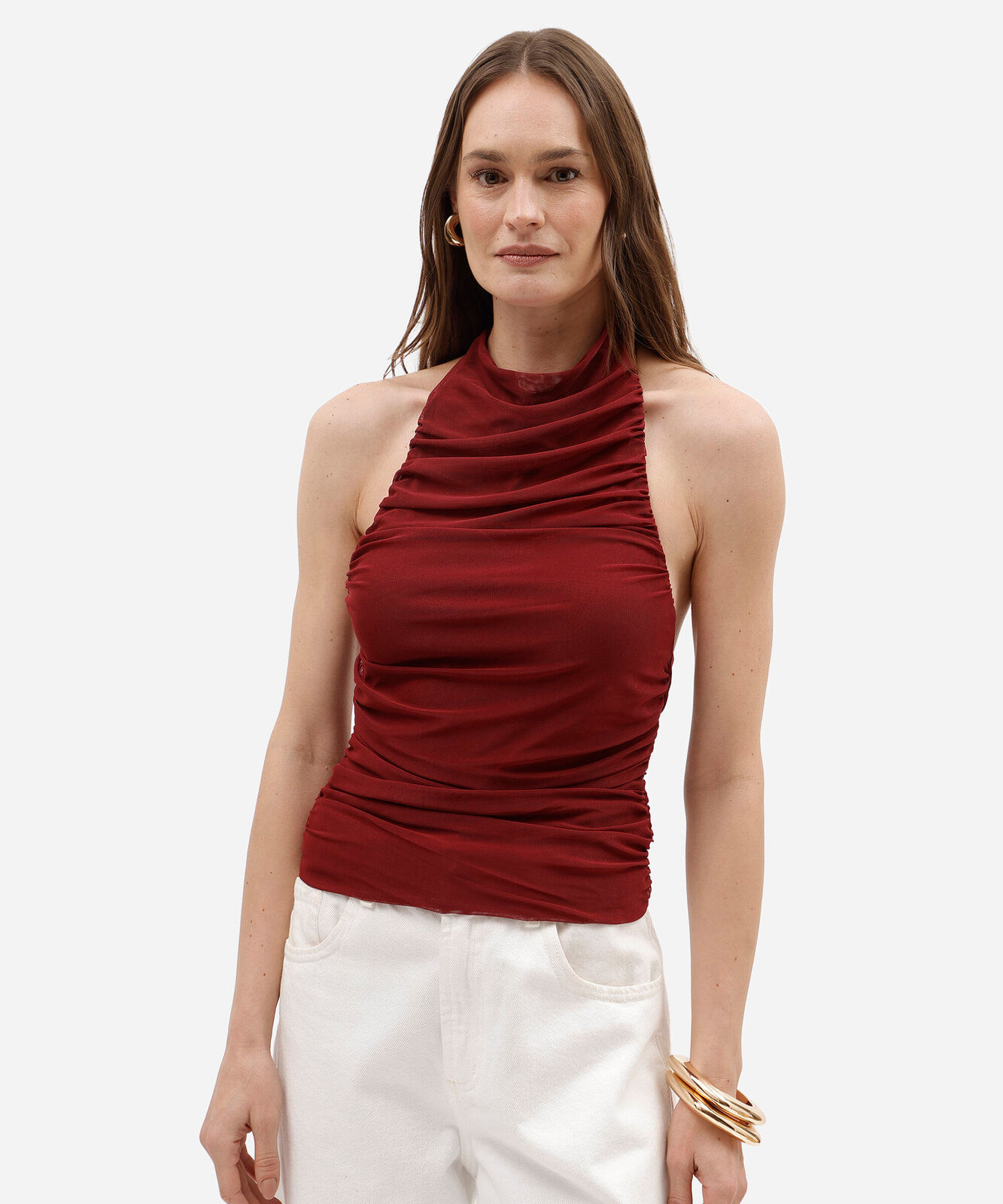 blusa frente única feminina de tule franzida vinho