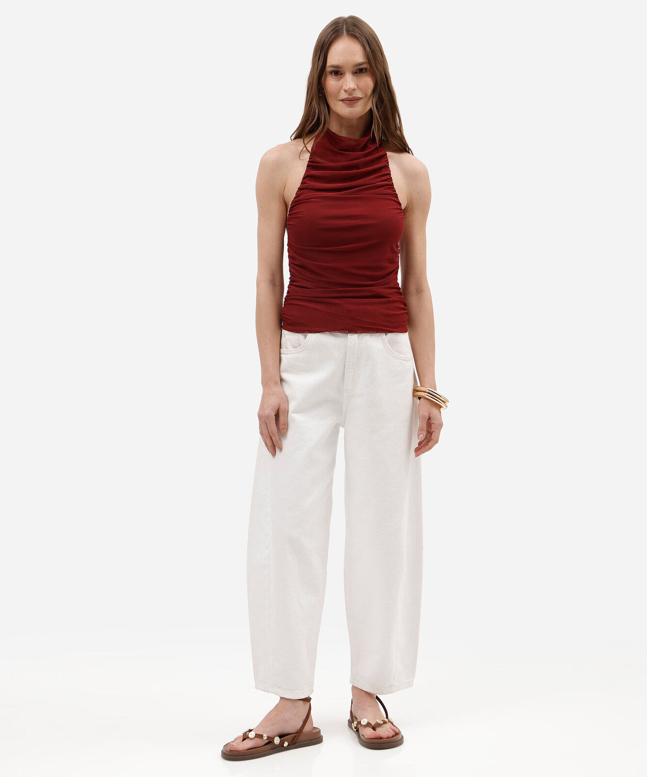 blusa frente única feminina de tule franzida vinho