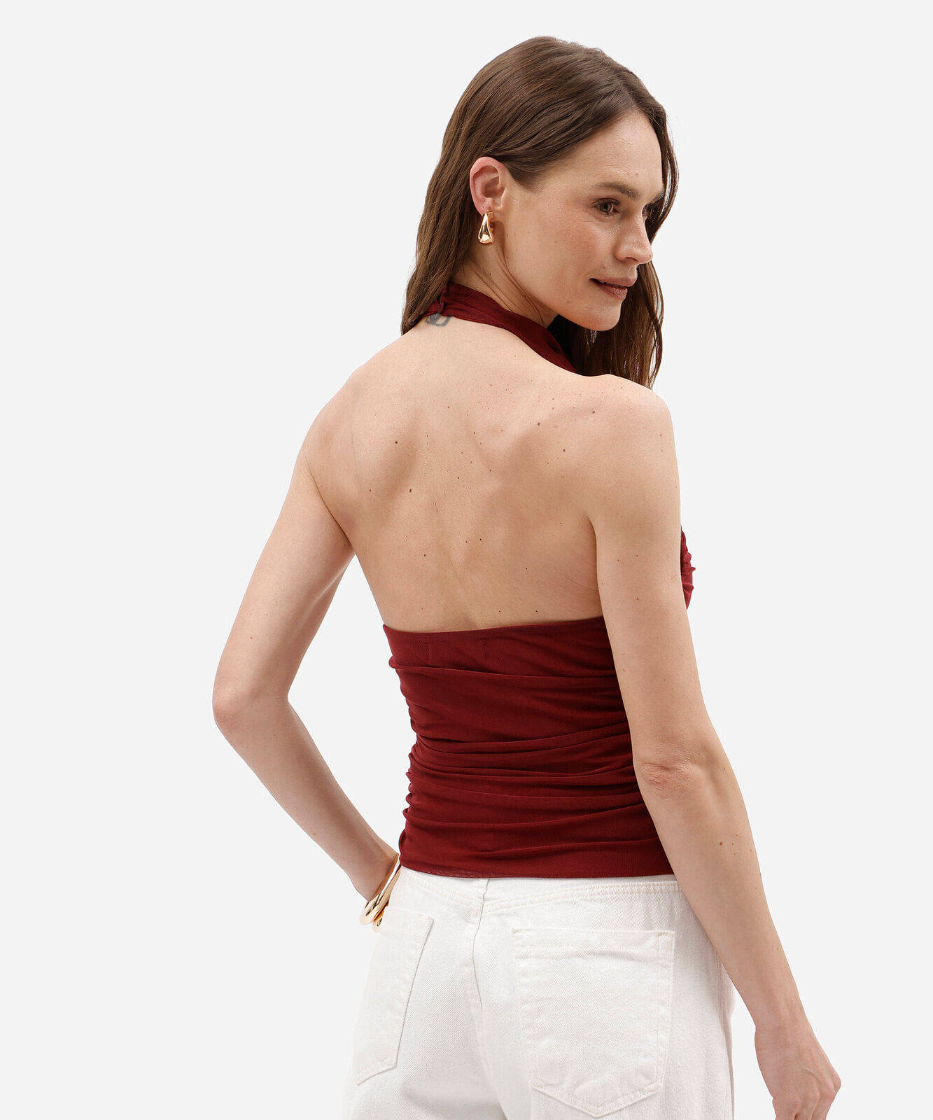 blusa frente única feminina de tule franzida vinho