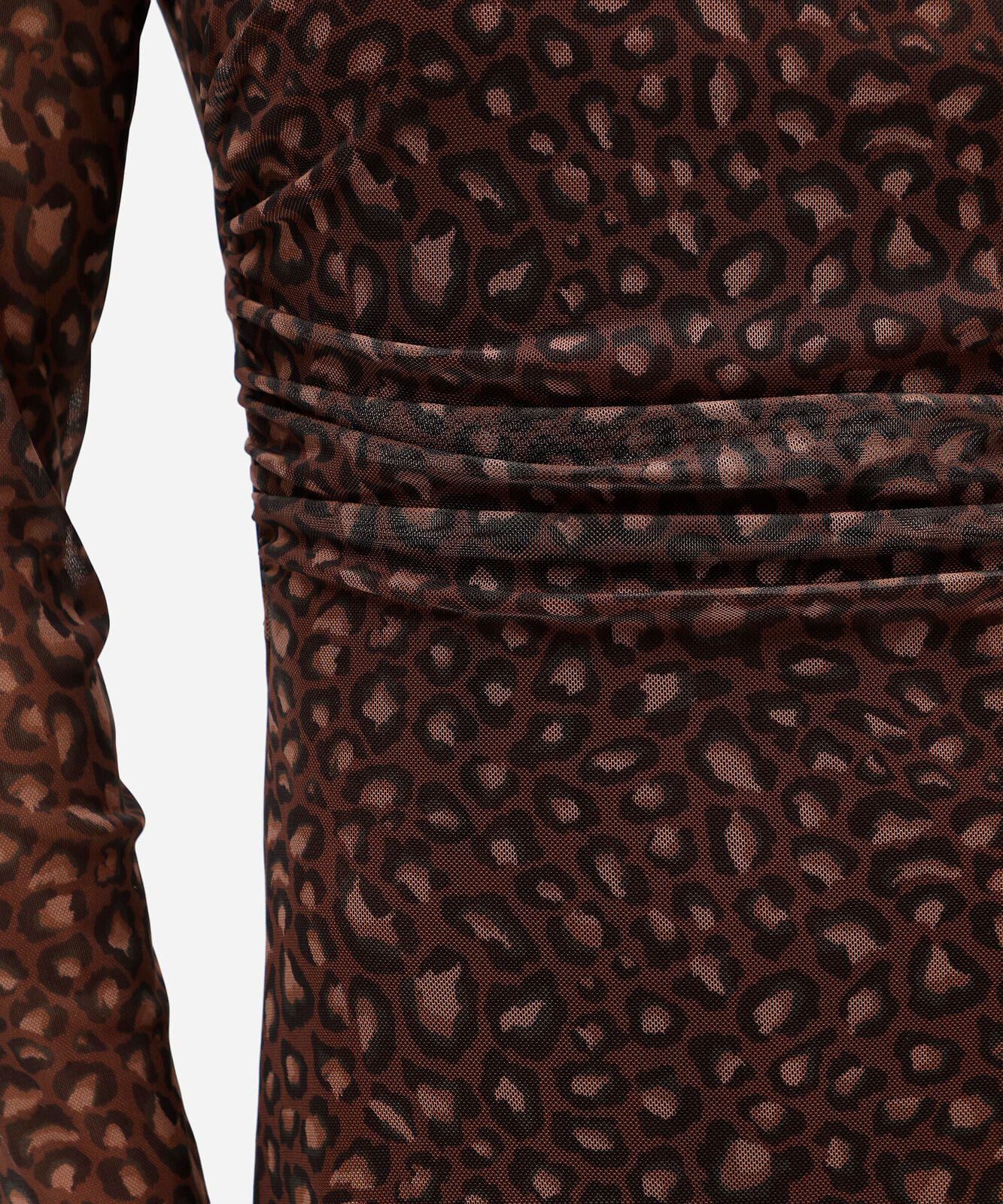 vestido midi feminino de tule manga longa animal print marrom