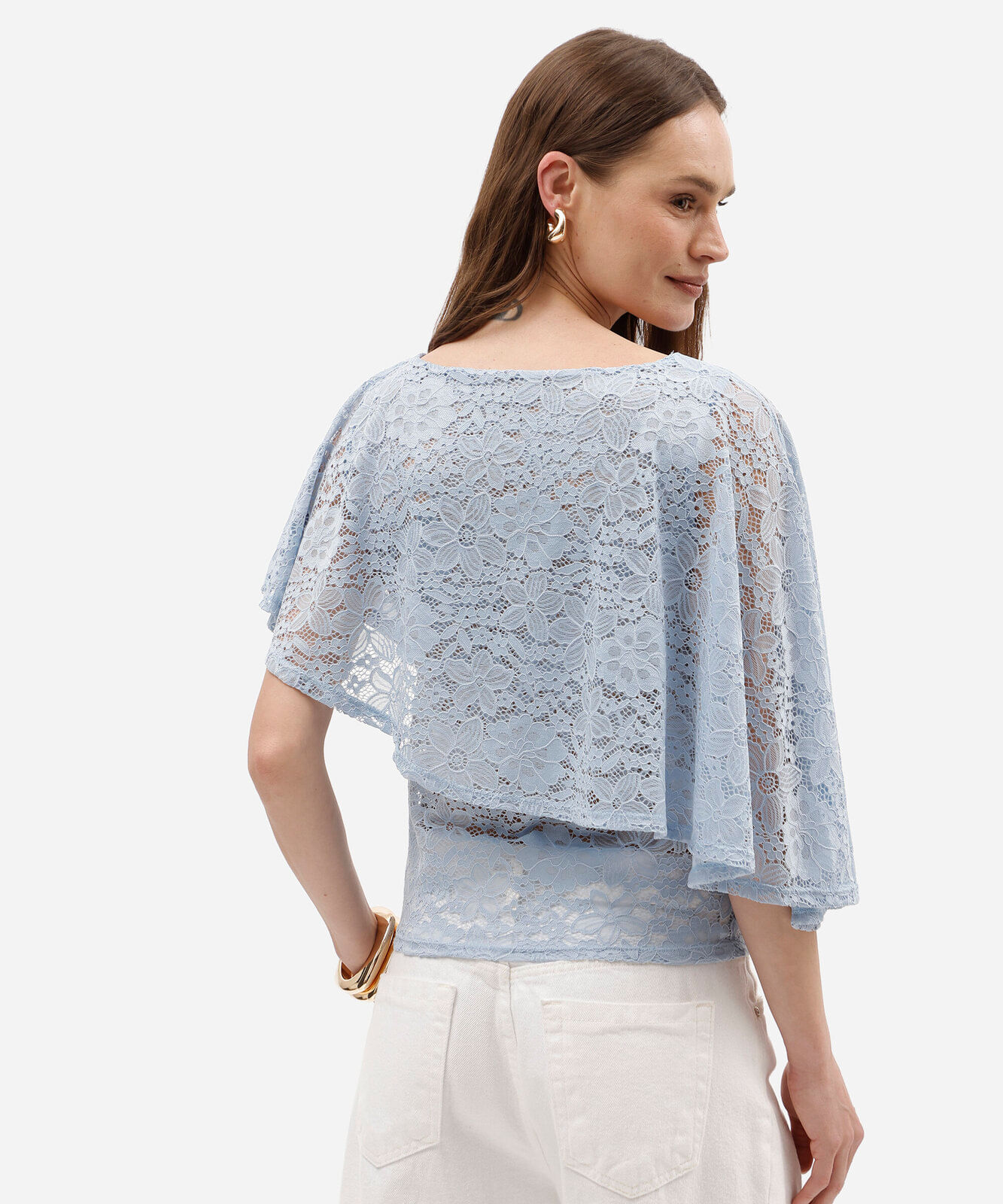 blusa feminina de renda com capa sobreposta azul