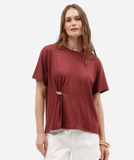 blusa oversized feminina de viscose manga curta com fivela vinho