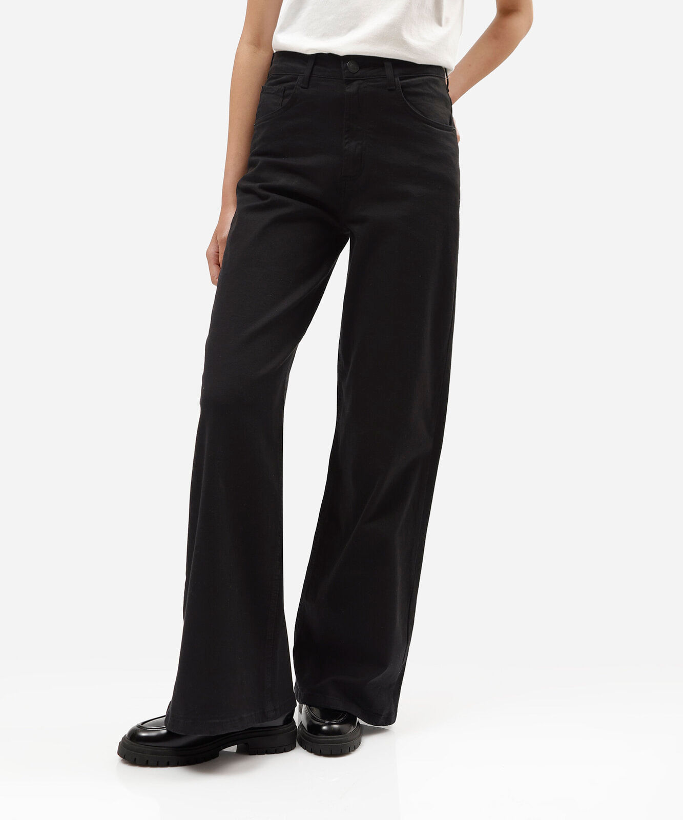 calça wide leg feminina de sarja cintura alta preta