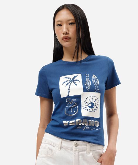 camiseta feminina de algodão manga curta estampada azul