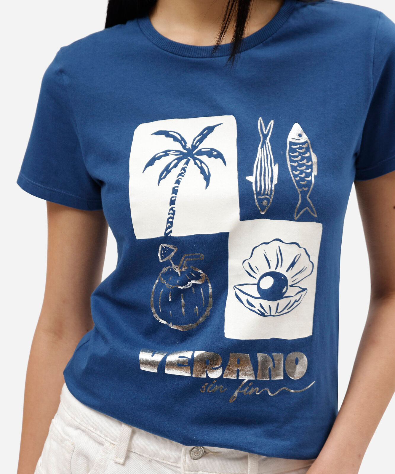 camiseta feminina de algodão manga curta estampada azul