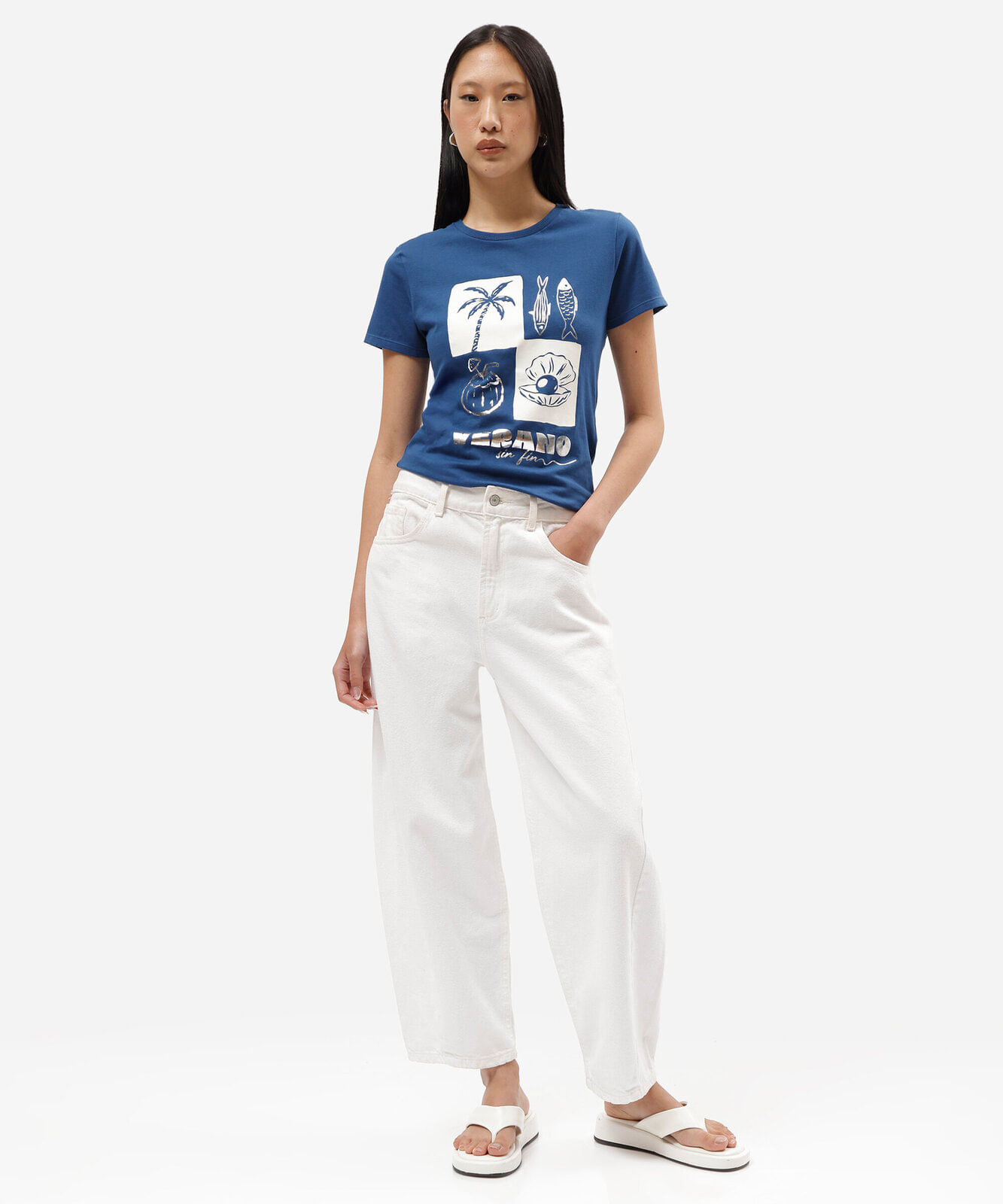 camiseta feminina de algodão manga curta estampada azul