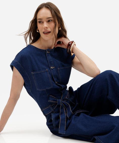 macacão feminino jeans com faixa azul