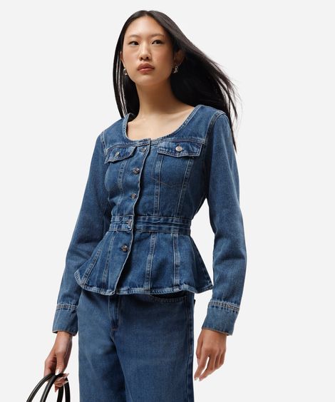 jaqueta peplum feminina jeans decote redondo azul