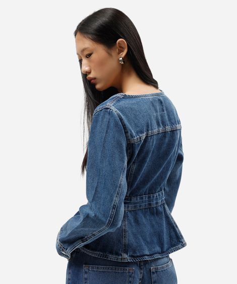 jaqueta peplum feminina jeans decote redondo azul