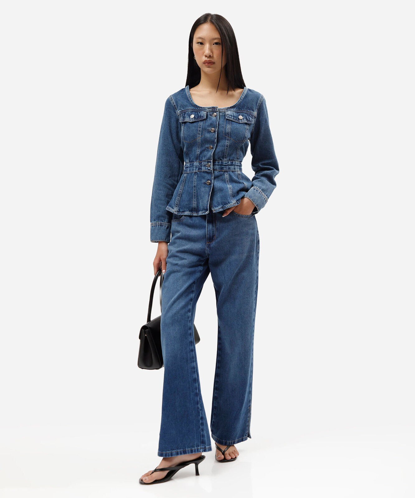 jaqueta peplum feminina jeans decote redondo azul