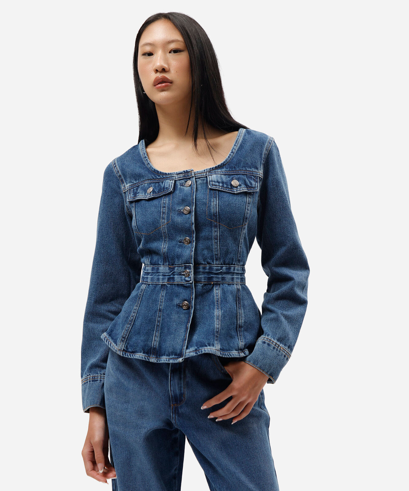 jaqueta peplum feminina jeans decote redondo azul