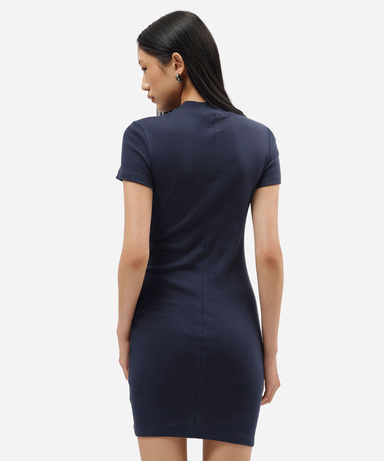 vestido feminino de algodão gola alta manga curta azul
