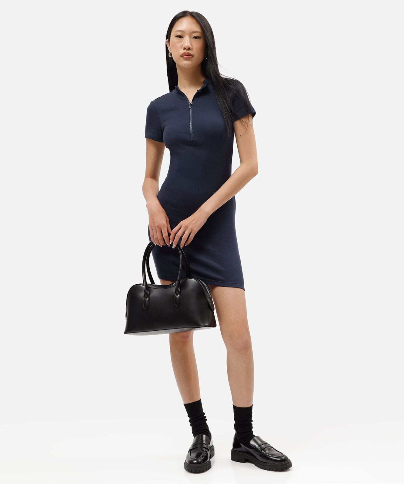vestido feminino de algodão gola alta manga curta azul