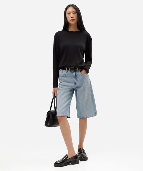 bermuda jorts feminina jeans cintura alta azul