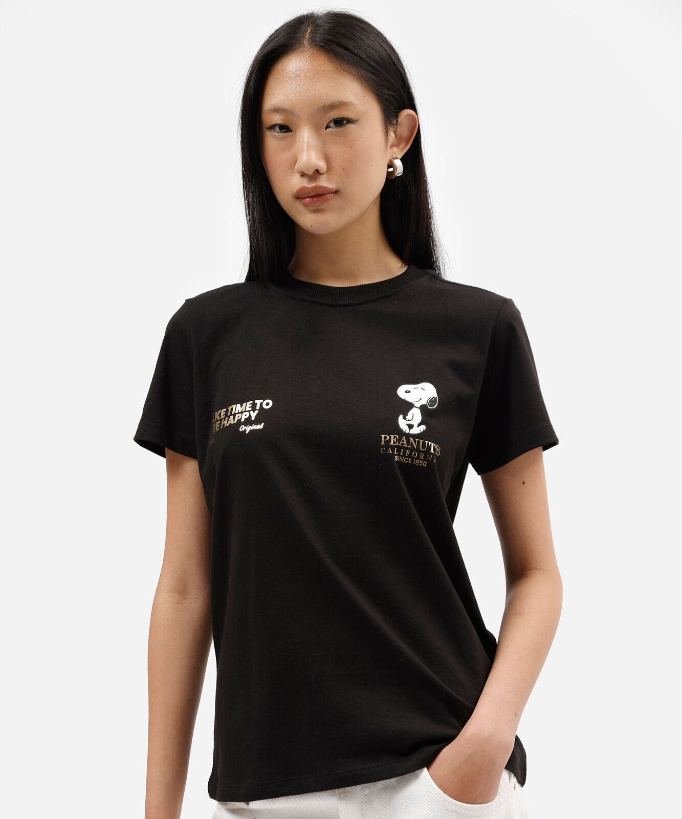 camiseta feminina de algodão manga curta snoopy preta