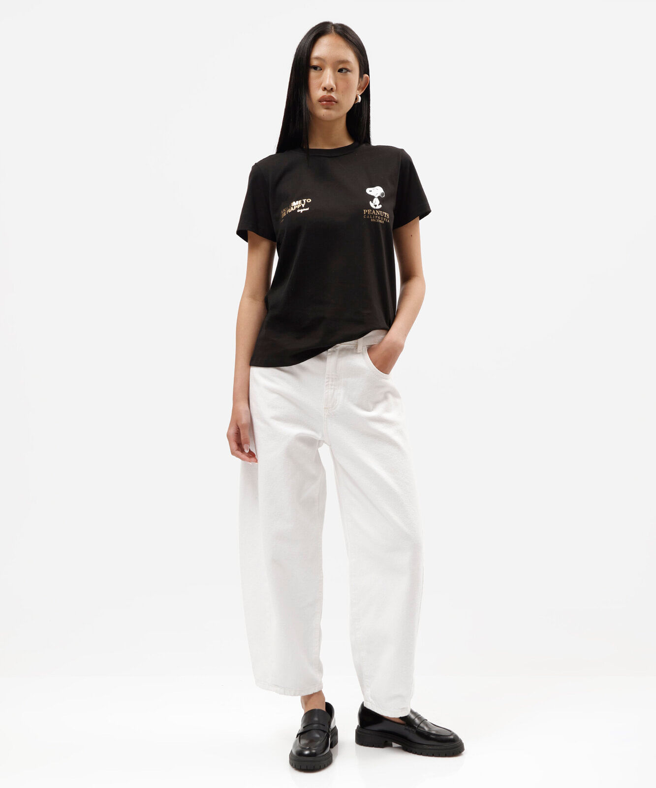 camiseta feminina de algodão manga curta snoopy preta