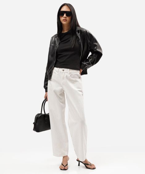 calça baggy feminina de sarja listrada cintura baixa off white