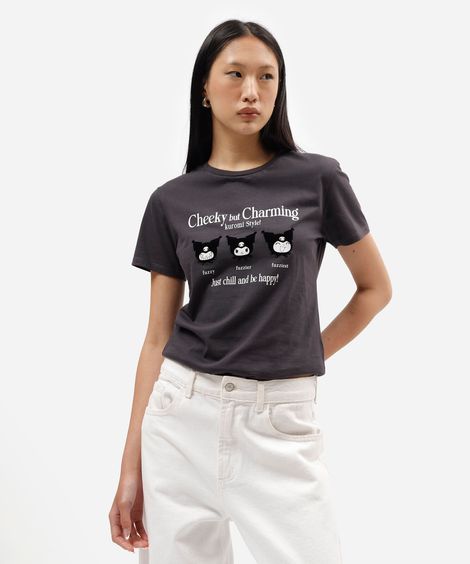 camiseta feminina de algodão manga curta kuromi cinza