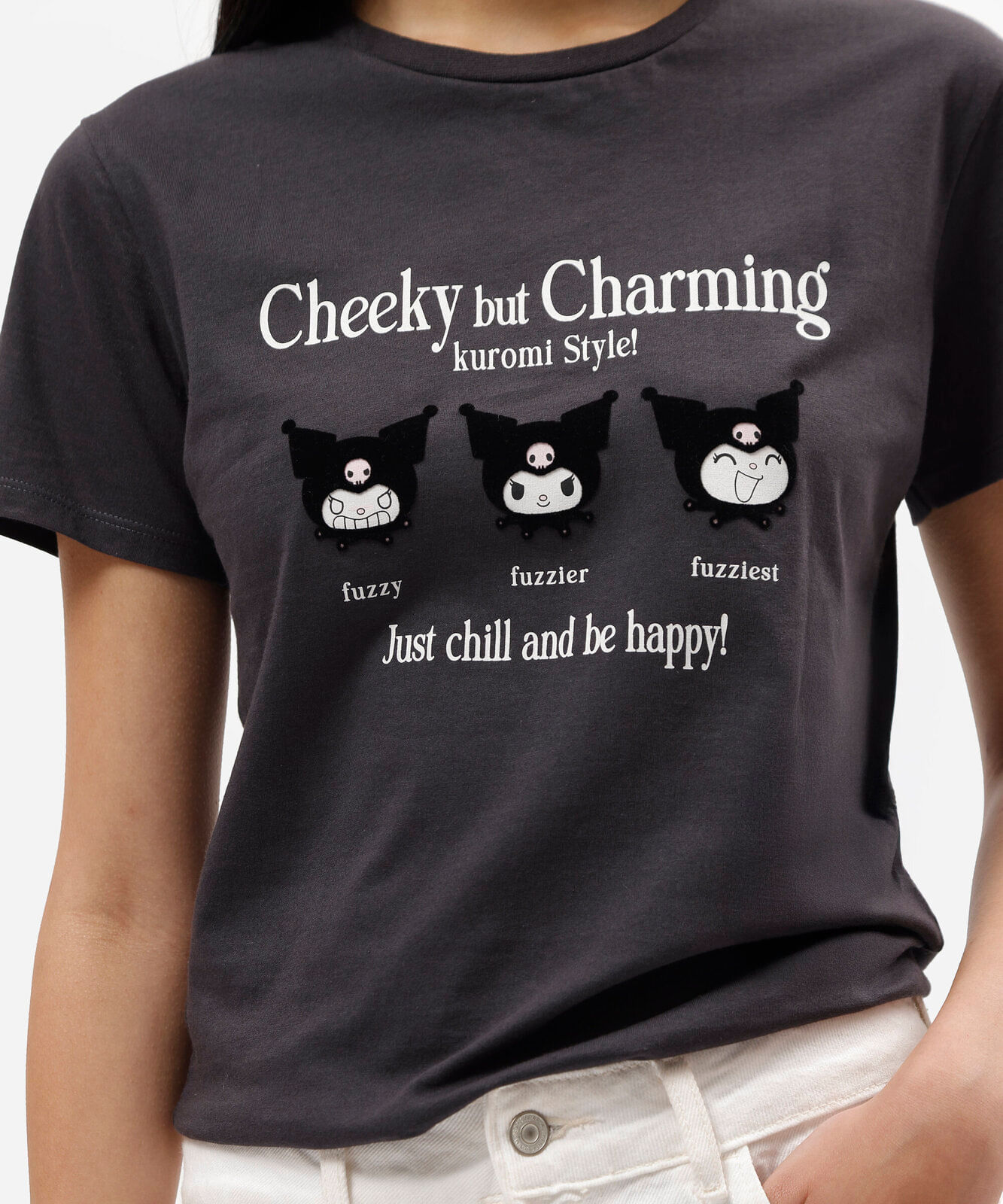 camiseta feminina de algodão manga curta kuromi cinza