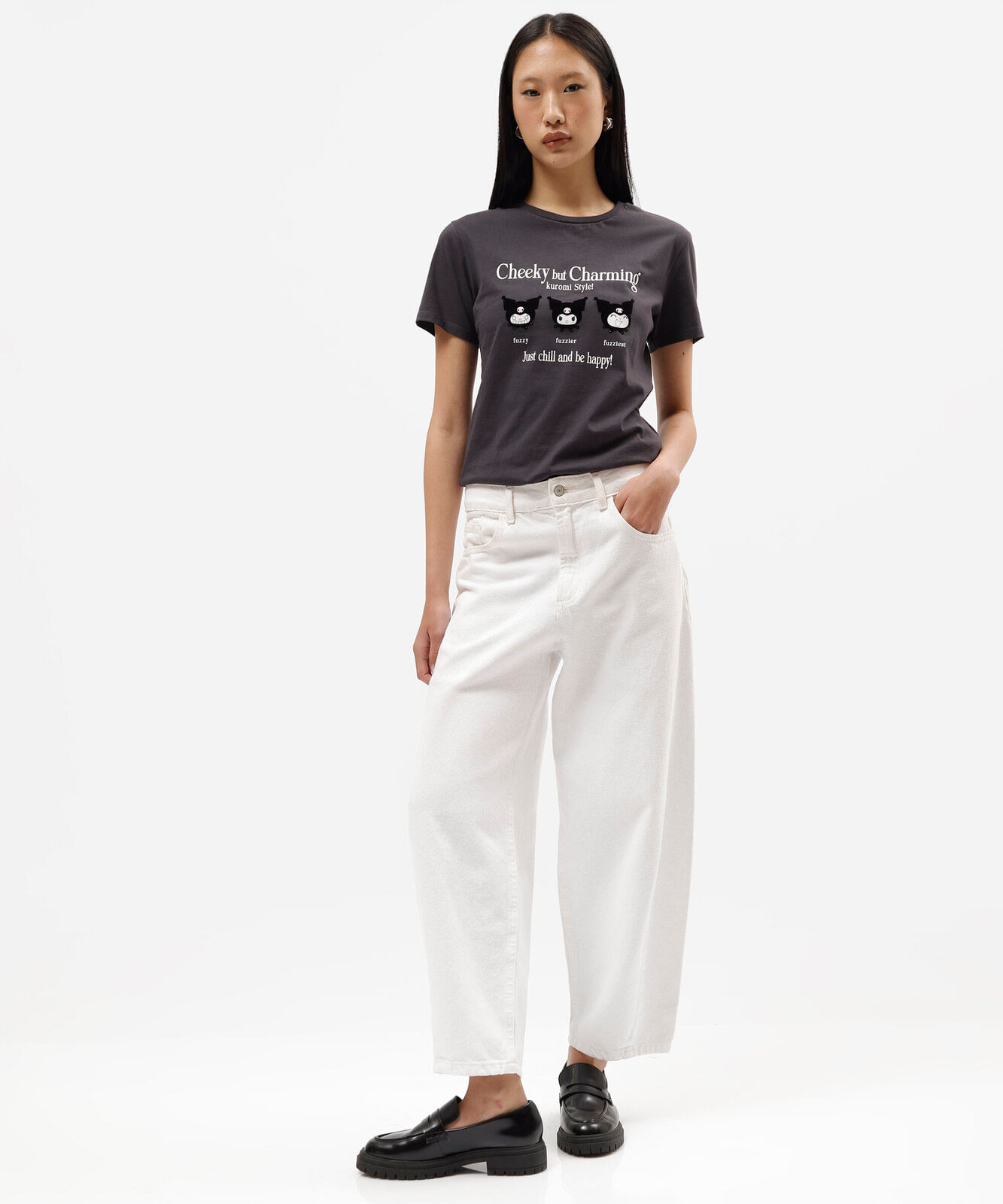 camiseta feminina de algodão manga curta kuromi cinza