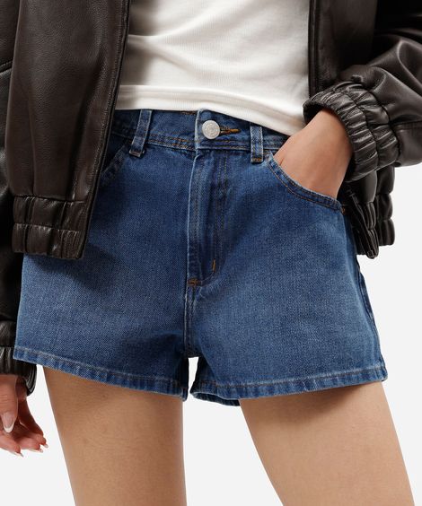 short boy feminino jeans cintura média azul