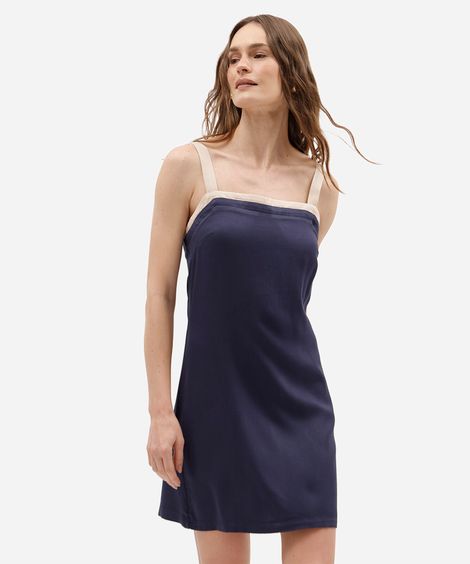 vestido curto feminino de viscose decote quadrado bicolor azul