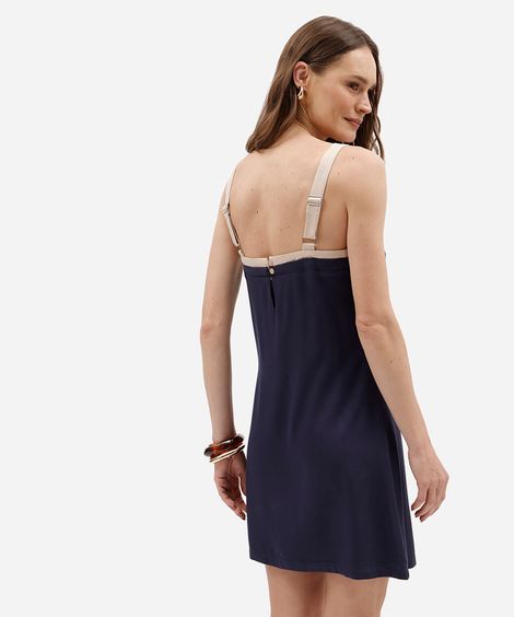 vestido curto feminino de viscose decote quadrado bicolor azul