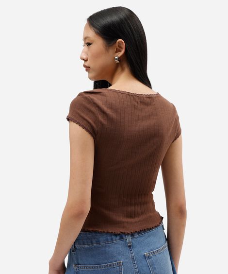 blusa baby look feminina de algodão canelada marrom